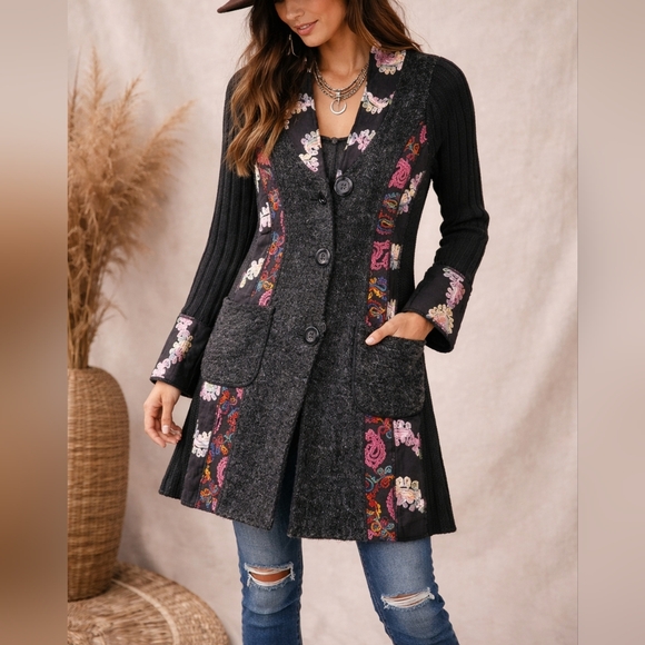 Coco + Carmen Sweaters - Coco + Carmen Black Sweater with Patchwork Embroidery